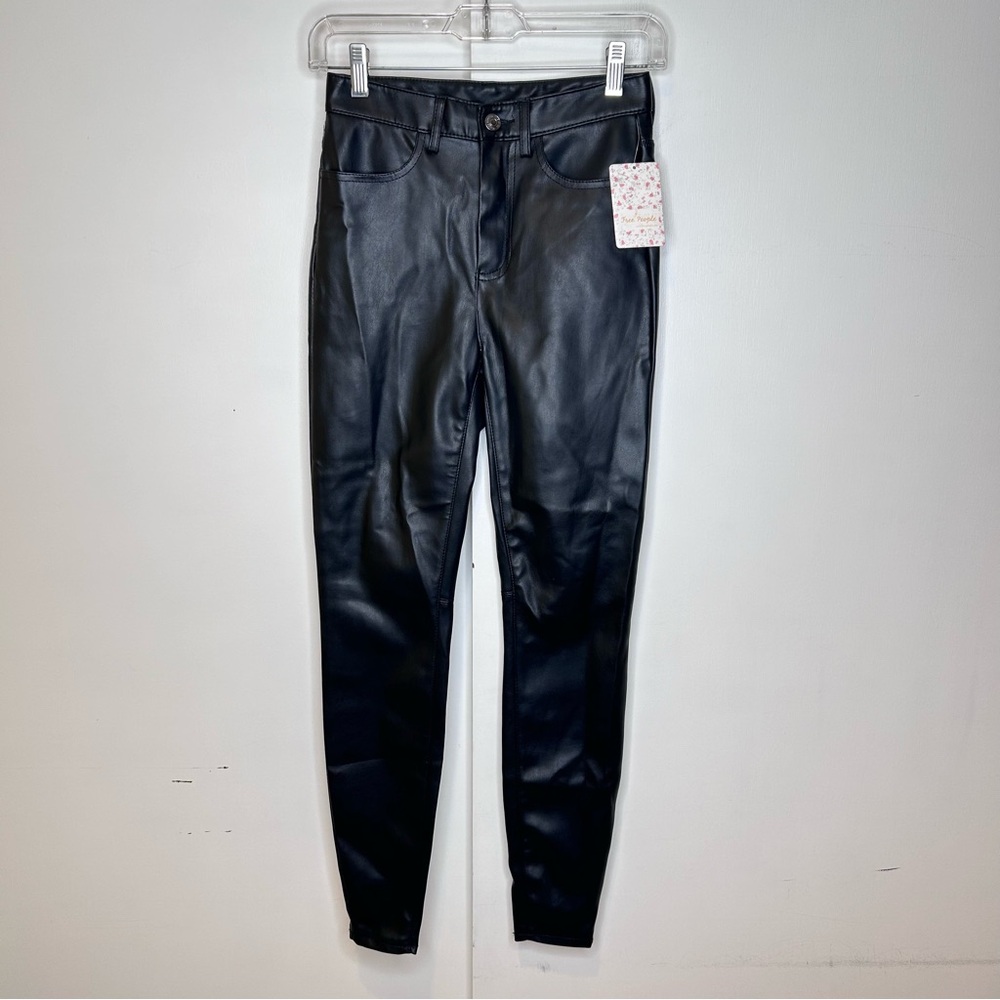 Free People Vegan High Rise Long & Lean Pants In Black Faux Leather